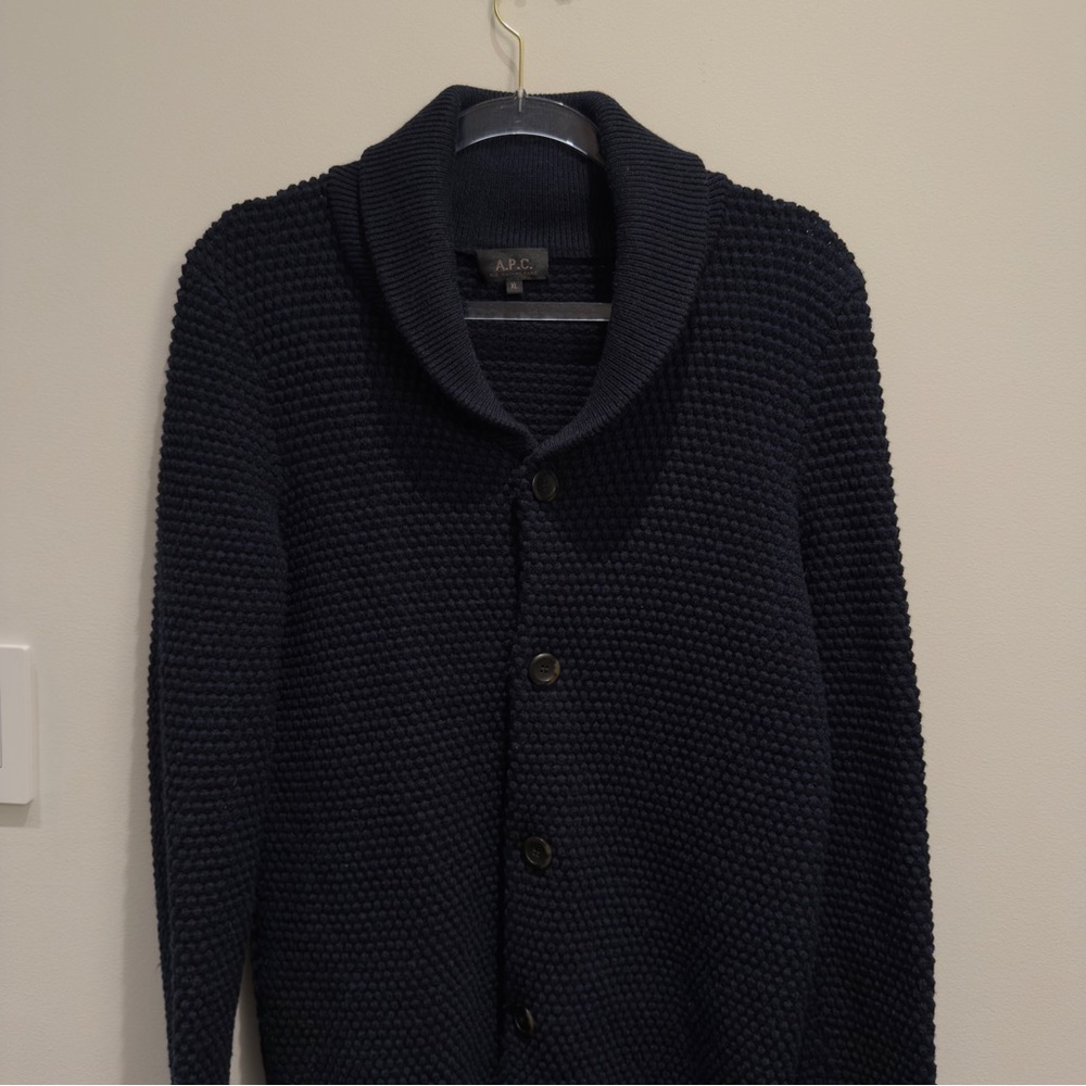 A.P.C. Heather Navy Blue Shawl Collar Cardigan Buttons Size XL Men’s - Picture 7 of 12